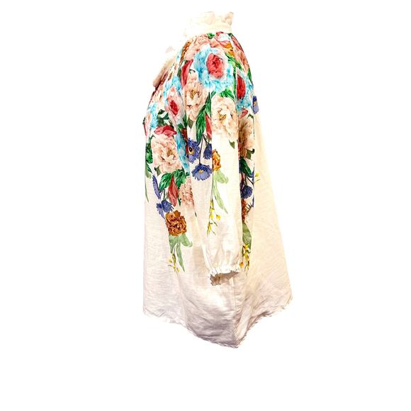 Kaktus Italy 100% Linen Floral Notched V Ruffle Neck Tunic Top Womens Large - Picture 3 of 9